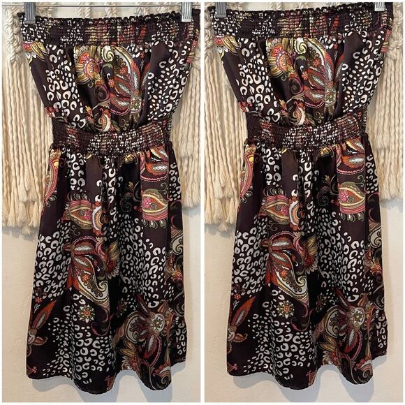 Y2K Wet Seal Strapless Satin Mini Dress XS/SM - Brown Paisely Y2K Hippie Gypsy - Picture 1 of 6